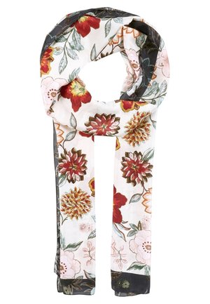 Lekka apaszka z czerwonymi, pomarańczowymi i brązowymi wzorami kwiatowymi oraz zielonymi liśćmi na białym tle, złożona w pętlę.