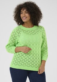 Sweter z dzianiny koronkowej, z długim rękawem w jasnym limonkowym odcieniu, z wzorem w romby, okrągłym dekoltem oraz ściągaczami przy mankietach i dolnej krawędzi.