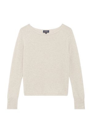 Maglione beige chiaro in morbido tessuto a maglia. Collo a barchetta, maniche lunghe con dettagli a bottoni ai polsini e una vestibilità rilassata. Leggera texture scintillante.