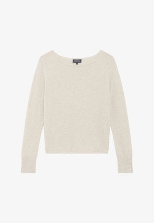 Maglione beige chiaro in morbido tessuto a maglia. Collo a barchetta, maniche lunghe con dettagli a bottoni ai polsini e una vestibilità rilassata. Leggera texture scintillante.