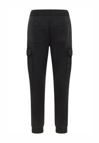 Black cargo pants with an elastic waistband, featuring two side pockets and two back pockets. The fabric appears smooth with a matte finish.