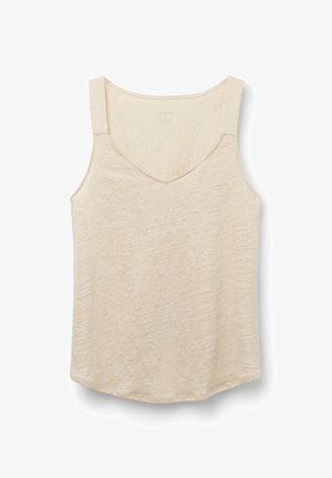 Camiseta sin mangas beige con tirantes anchos y un escote en V ligeramente pronunciado, confeccionada con tela ligera y texturizada.