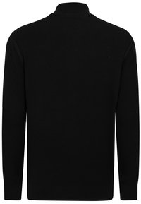 Sort turtleneck sweater med ribbet tekstur, lange ærmer og en tætsiddende silhuet. Ensfarvet, ingen synlige mønstre eller hardware.