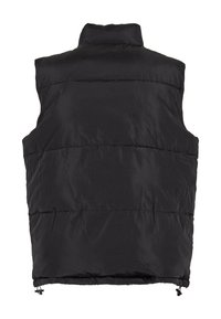Gilet sans manches noir rembourré avec col haut. Présente des coutures horizontales et un cordon de serrage réglable à l'ourlet. Texture lisse et mate.