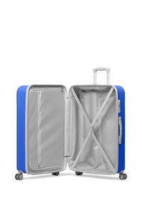 Blauwe harde koffer met uitschuifbaar handvat, grijze binnenkant, kruisbanden en ritsen. Rollende wielen aan de onderkant voor gemakkelijke mobiliteit.