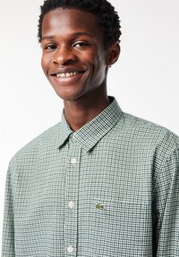 Camicia button-up a quadri verde e bianca con colletto classico e un piccolo logo ricamato sul petto. Tessuto di cotone morbido.