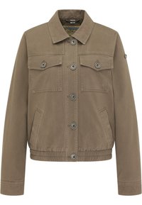 Veste brun clair avec un col, des boutons à l'avant, deux poches poitrine et un ourlet élastiqué. Fabriquée en tissu durable avec une texture lisse.