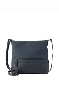 Donkerblauwe crossbodytas met een gladde bovenste helft en een getextureerde onderste helft, voorzien van een voorvak met rits en een dun, verstelbaar bandje.