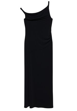 Schwarzes ärmelloses langes Kleid mit dünnen Trägern, einem drapierten Ausschnitt und gerafften Details auf einer Seite.