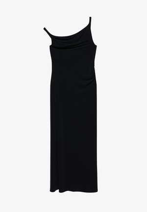 Schwarzes ärmelloses langes Kleid mit dünnen Trägern, einem drapierten Ausschnitt und gerafften Details auf einer Seite.