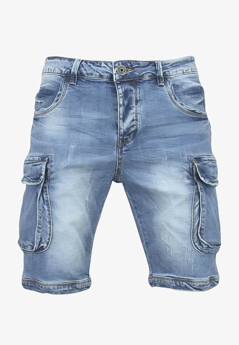 Lichte blauwe denim cargoshorts met een vervaagde afwerking. Voorzien van meerdere zijzakken, een ritssluiting en gestikte zoomdetails.