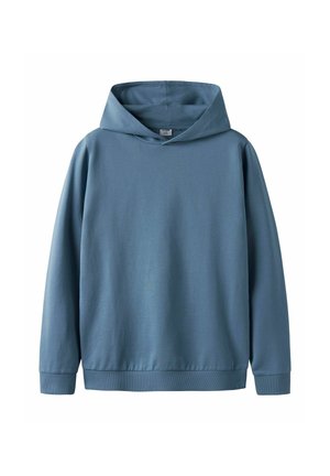 Haut à capuche bleu à manches longues, avec des poignets et un ourlet côtelés, présentant un design simple et sans logo ni motif visible.