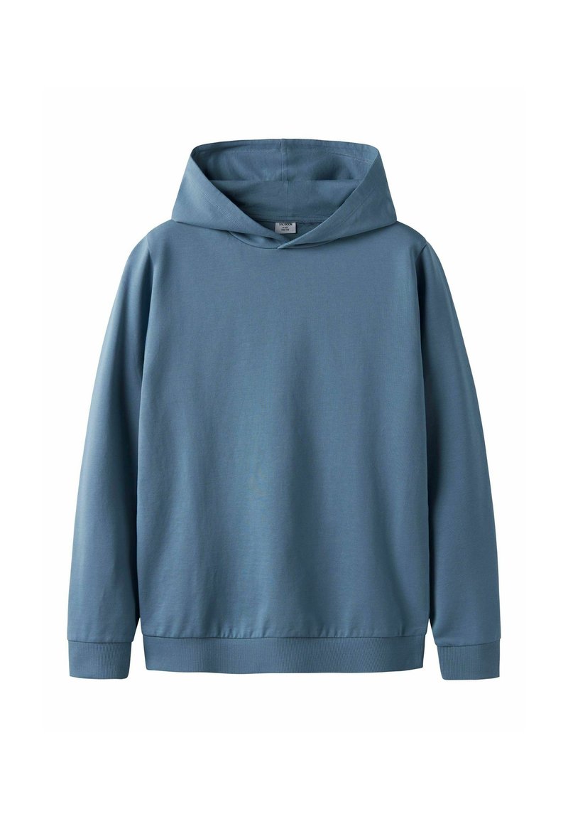 Blå långärmad hoodie med ribbad muddar och nederkant, som har en enkel, enfärgad design utan synliga logotyper eller mönster.