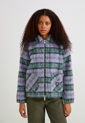 Dikke, donzige zip-up jas met een paarse en groene geruite print, zijzakken en een kraag. Gemaakt van zacht, gestructureerd materiaal.