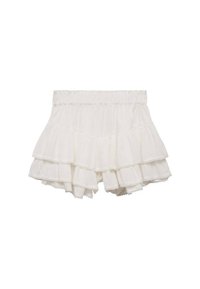 White ruffled shorts made of lightweight fabric. Features three tiers of ruffles with lace trim along the edges and an elastic waistband.