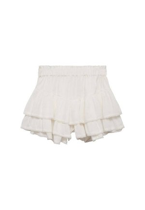 White ruffled shorts made of lightweight fabric. Features three tiers of ruffles with lace trim along the edges and an elastic waistband.
