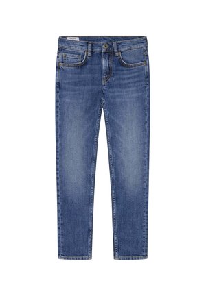 Blaue Denim-Jeans mit Frontknopf und Reißverschluss, fünf Taschen und ausgewaschenen Details, flach auf weißem Hintergrund liegend.