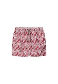 Pantaloni da bagno rossi con motivo a foglie bianche, vita elastica con cordino e tessuto liscio.