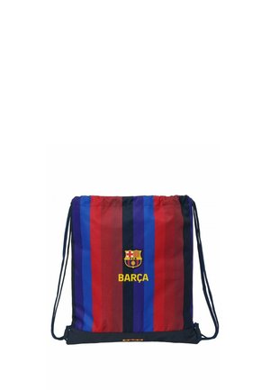 Worek na sznurek z pionowymi czerwonymi, niebieskimi i czarnymi paskami, z herbem FC Barcelony i żółtym tekstem "BARÇA" z przodu.