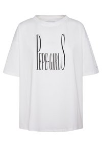 T-shirt bianca oversize in cotone con testo grafico nero "PEPE-GIRLS" stampato verticalmente sul davanti. Maniche corte e colletto a giro.