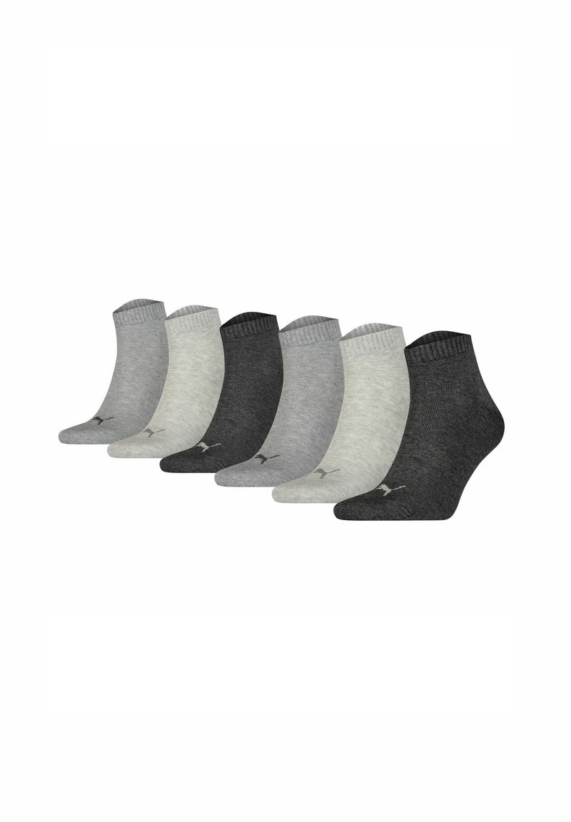 Ankle socks set in three shades: light gray, medium gray, and dark gray. Ribbed cuffs with a subtle logo on each sock. Soft material texture.