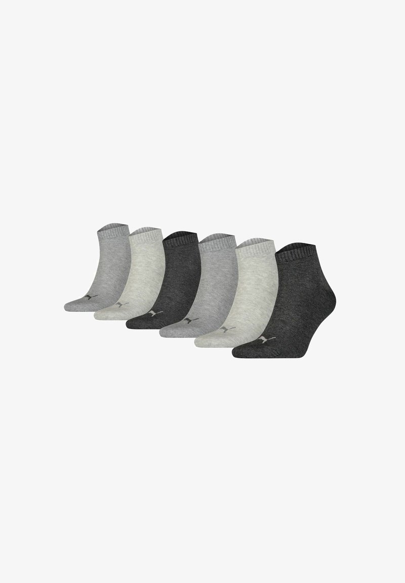 Ankle socks set in three shades: light gray, medium gray, and dark gray. Ribbed cuffs with a subtle logo on each sock. Soft material texture.