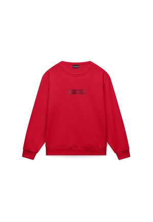 Red long-sleeve crewneck sweatshirt with ribbed cuffs and hem, featuring a small rectangular embossed logo on the chest.