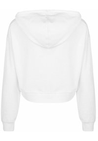 Skrócona biała bluza z długimi rękawami, okrągłym kapturem i ribbowymi mankietami; miękka tekstura i minimalistyczny design.