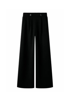Pantalon noir à jambes larges, taille haute, deux boutons à la ceinture et poches latérales sur fond blanc.