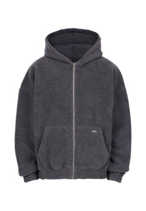 Dunkelgrauer Fleece-Zip-Hoodie mit einer Fronttasche und einer Kapuze, aus einem weichen, strukturierten Stoff.
