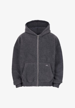 Dark gray fleece zip-up hoodie with a front pocket and a hood, featuring a soft, textured fabric.