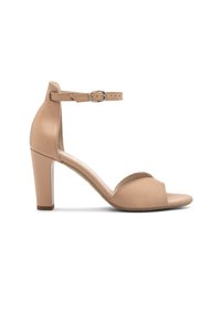 Sandale din piele bej cu toc, cu un design peep-toe, curea pentru glezne cu cataramă argintie și toc gros pentru stabilitate. Textură netedă.