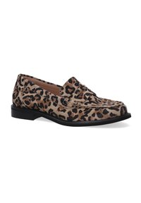 Leinen-Loafer im Leopardenmuster aus weichem Material, mit strukturierter Form, flacher schwarzer Sohle und dekorativer Stickerei auf dem Blatt.