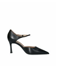Scarpa nera in pelle con tacco alto, punta affusolata, cinturino regolabile e tacco stiletto sottile, caratterizzata da una texture liscia e elegante.