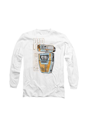 White long-sleeve shirt with a colorful retro robot design featuring orange, blue, and gray accents and technical blueprint-style lines in the background.