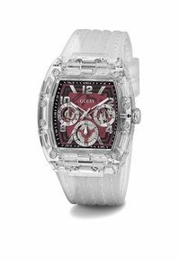 Transparent silicone strap watch with a square face. Black and red dial features three subdials, bold numbers, and silver accents.