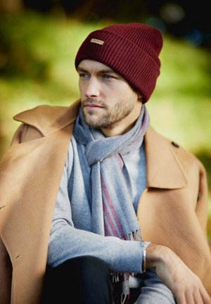 Burgundy ribbed beanie, gray scarf with striped accents, tan coat. Model with light facial hair, seated outdoors. Soft focus background.