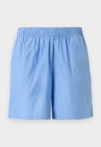 Γαλάζια βαμβακερή βερμούδα με κάθετες λευκές λεπτές ρίγες και ελαστική μέση με ζώνη σούρας.