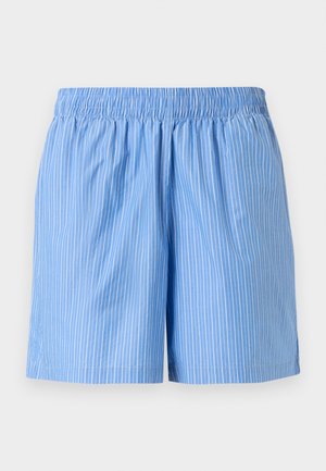 Svetlomodré bavlnené šortky s vertikálnymi bielymi prúžkami a elastickým pásom so záhybmi.