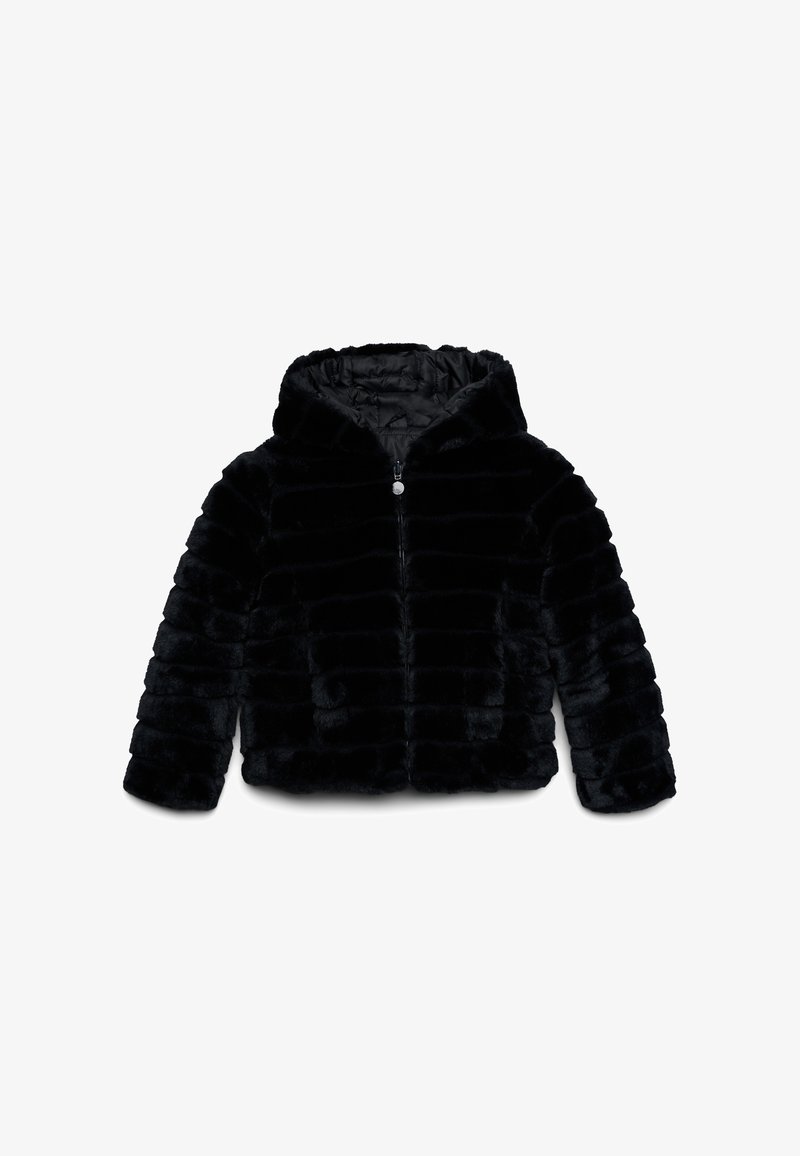 Veste à capuche en fausse fourrure noire avec des rayures horizontales et une fermeture éclair à l'avant, présentée sur un fond blanc.