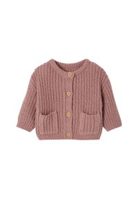 Rosa gestrickte Strickjacke mit rundem Ausschnitt, Holzknöpfen, zwei Fronttaschen und gerippten Bündchen. Strukturierter, gemütlicher Schnitt, der sich gut für das Schichten eignet.