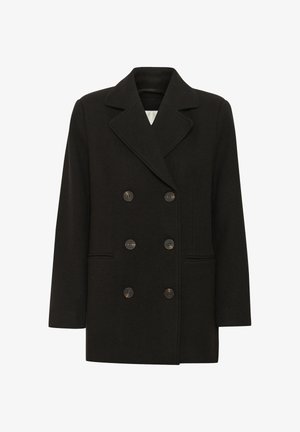 Double-breasted black wool coat with six buttons, wide lapels, and two front slit pockets, displayed on a white background.
