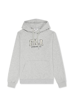 Hellgrauer FILA-Hoodie mit Fronttasche, Kordelzugkapuze und "FILA Established 1911"-Logo auf der Brust.