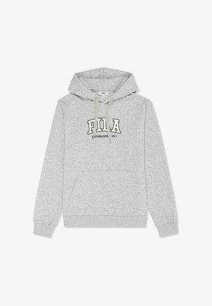 Sudadera con capucha FILA en gris claro, con bolsillo delantero, capucha ajustable y logo "FILA Established 1911" en el pecho.