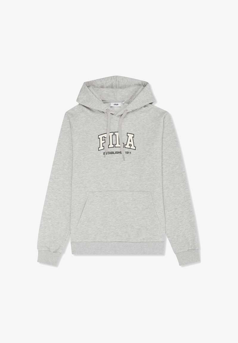 Sweat à capuche FILA gris clair avec poche avant, capuche à cordon et logo "FILA Established 1911" sur la poitrine.