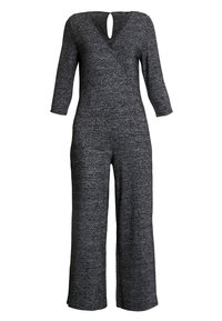 Combinaison noire texturée avec des manches trois-quarts, décolleté en V et détail de dos avec découpe. Coupe ample avec jambes larges et design minimaliste.