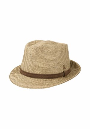 Beige woven fedora hat with brown band around the base, slightly creased top, and short brim.