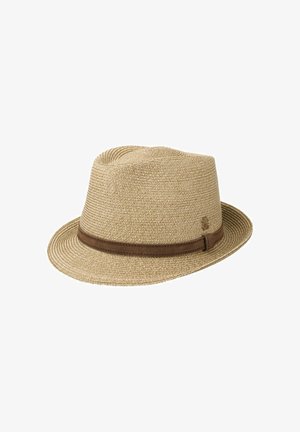 Beige woven fedora hat with brown band around the base, slightly creased top, and short brim.