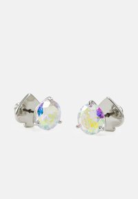 Silver stud earrings with round, iridescent gemstones. Claw setting with a polished metallic finish, reflecting light in varied hues.