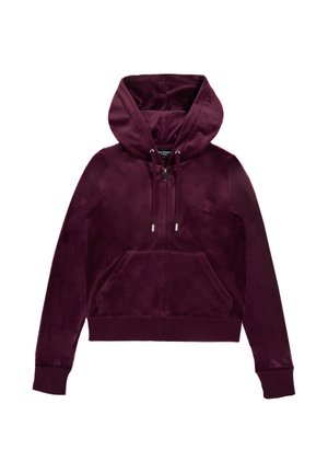 Bordeaux kleurige zip-up hoodie van zachte, gestructureerde stof met een getailleerd ontwerp, voorzakken en een verstelbare capuchon met trekkoord. Subtiele logodetail op de borst.